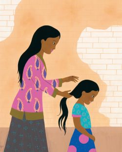 Une femme coiffe les cheveux d'une petite fille dans un cadre mural simple.