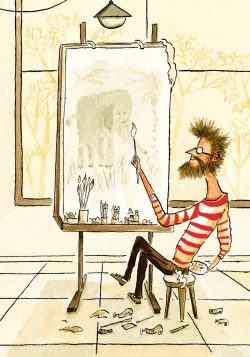 Un artiste assis sur une petite chaise, portant un pull rayé, dessinant sur une grande feuille devant lui. L'atelier est lumineux avec des arbres visibles à travers la fenêtre.