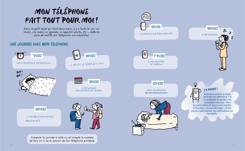 Illustration d'une journée typique avec un téléphone, incluant des moments comme le réveil, la consultation de la météo, la gestion du temps, la connexion avec d'autres et des activités de loisirs.