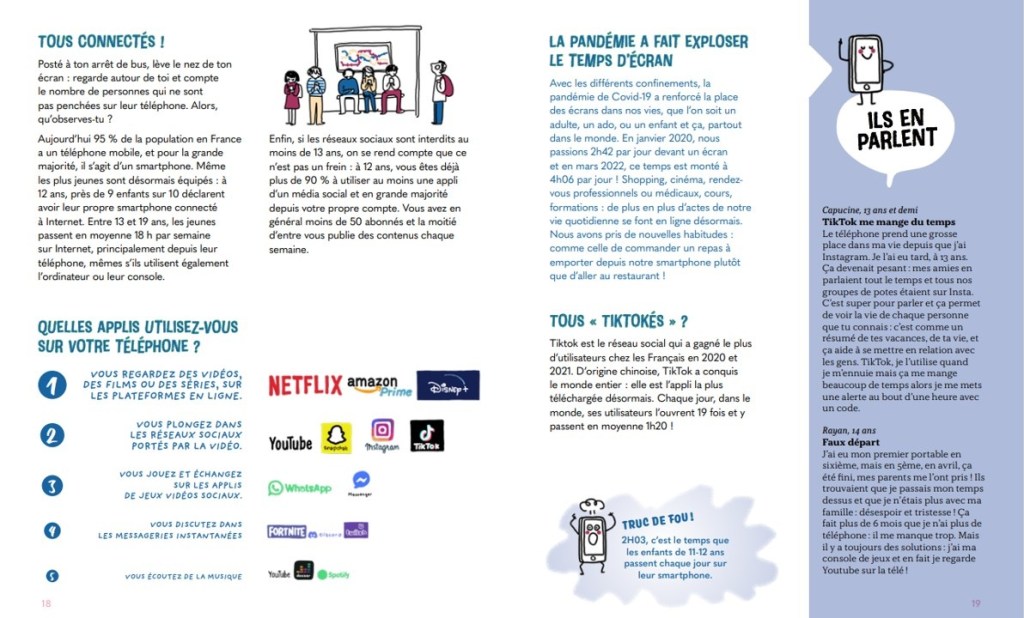 Une page d'un document parlant de l'usage du smartphone en France, avec des statistiques sur la population connectée et des témoignages sur l'utilisation des applications.