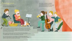 Une illustration colorée montrant un groupe de musiciens jouant sur scène tandis qu'un enfant assis sur un fauteuil écoute avec une expression intéressée.