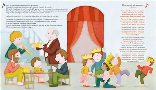 Illustration d'une scène festive avec des enfants et un adulte dans une salle, certains portant des couronnes, célébrant ensemble, avec un arrière-plan de rideau et des éléments de fête.