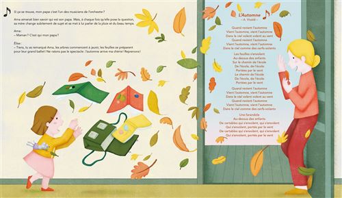 Une illustration éducative montrant une petite fille et un adulte interagissant avec des feuilles d'automne et des livres, symbolisant une activité d'apprentissage sur la saison.