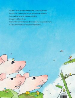 Une illustration colorée montrant des souris sur un fond bleu, avec un petit personnage sur une colline et des éléments de la nature comme des escargots et des plantes.