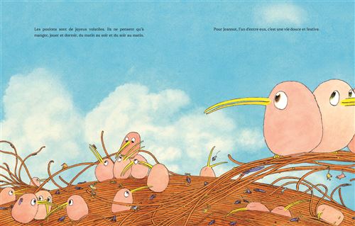 Illustration montrant des oiseaux ronds avec des becs longs, perchés sur un nid fait de brindilles, sous un ciel bleu.