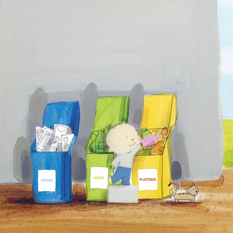 Un enfant faisant du recyclage avec des poubelles de tri pour papier, verre et plastique, accompagné d'un chat.