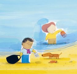 Deux personnages sur une plage, l'un portant des lunettes tient un sac, tandis que l'autre, dans l'eau, tient un objet. Un chien est présent près d'eux.