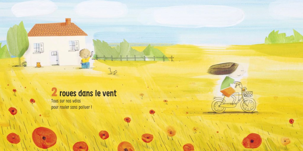 Une illustration colorée d'une maison avec un enfant sur un vélo dans un champs de fleurs jaunes. Le texte '2 roues dans le vent' est affiché en haut.
