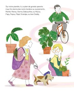 Une grand-mère se promenant avec un chien, entourée de plantes d'intérieur, tandis qu'un enfant observe et un jeune garçon fait du vélo en arrière-plan.