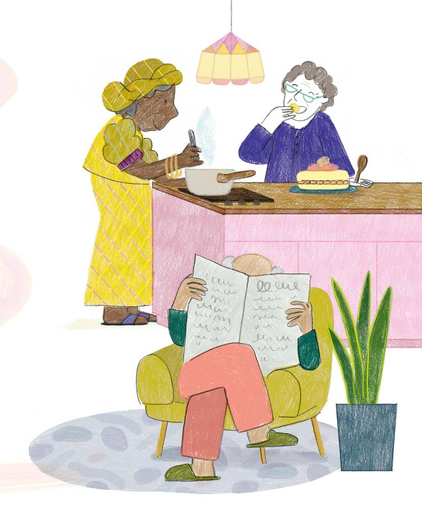 Une illustration montrant une cuisine avec une femme cuisinant, un homme dégustant une pâtisserie et une personne assise sur un fauteuil lisant un journal.