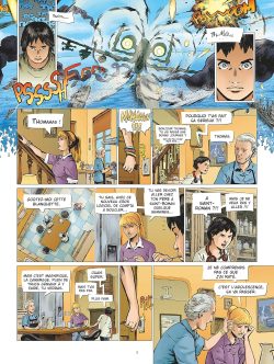 Une page de bande dessinée montrant plusieurs personnages dans différentes scènes, avec des dialogues, des expressions variées et un arrière-plan dynamique.