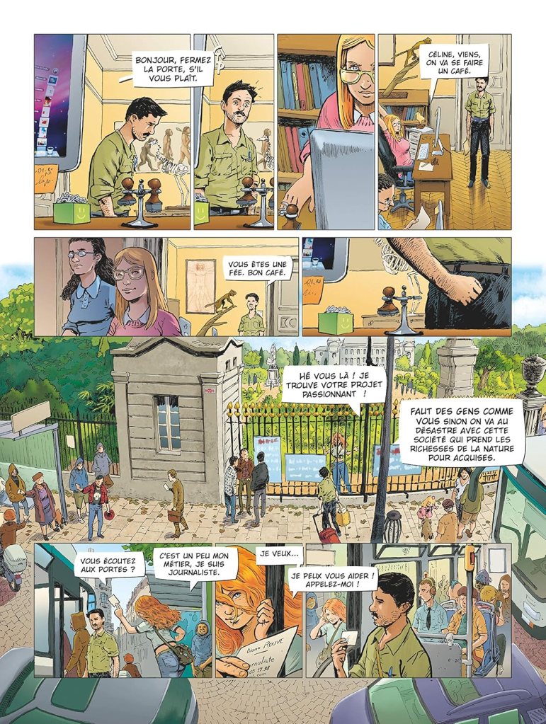 Bande dessinée montrant des personnages dans un café et une scène de rue animée, avec des échanges sur le journalisme et la nature.