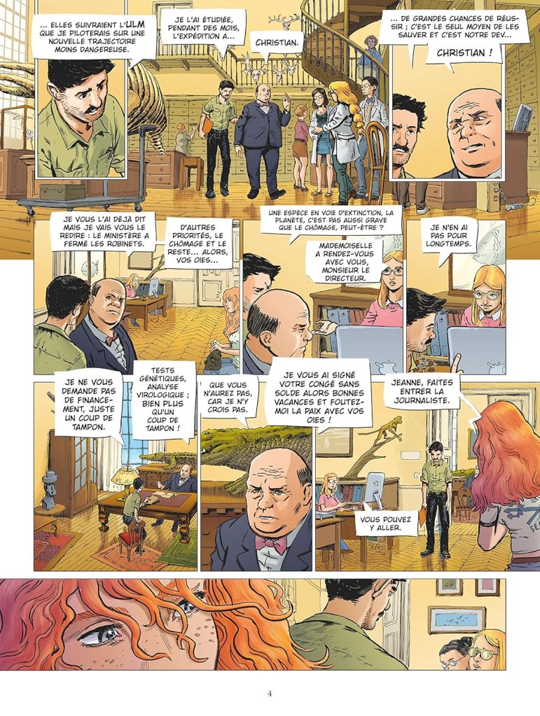 Une bande dessinée illustrant une réunion dans un bureau, avec plusieurs personnages discutant de questions environnementales et scientifiques. On peut voir des plantes, des livres, et une ambiance de tension dans la pièce.