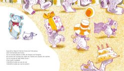 Illustration colorée d'ours portant des chapeaux, des cadeaux et célébrant un événement festif, avec un ours en arrière-plan en costume avec une canne.
