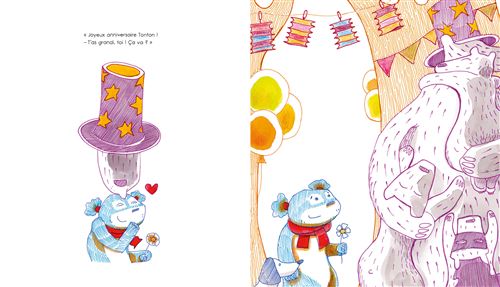 Illustration colorée d'un animal cartoon avec un chapeau violet et étoilé, tenant une fleur, et un autre animal à l'arrière-plan, dans un décor festif.