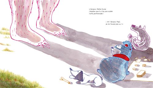 Une illustration d'un personnage géant aux pieds velus, surplombant trois animaux : un ours en peluche bleu, un chien blanc et un animal gris. Le texte dit bonjour à une petite créature.