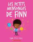Couverture du livre 'Les petits mensonges de Finn' avec un personnage d'enfant afro-descendant tenant des ballons colorés sur un fond rose.