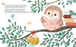 Un hibou mignon lisant un livre sur une branche, entouré de feuilles vertes et de livres empilés.