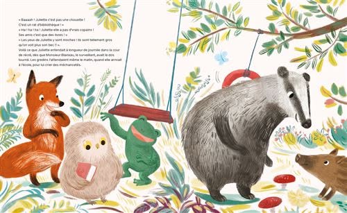 Une illustration colorée représentant un renard, un hibou, une grenouille, un ours et un sanglier jouant dans un jardin entouré de verdure.