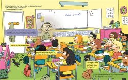 Salle de classe colorée avec un enseignant au tableau et des élèves attentifs en train d'écouter.