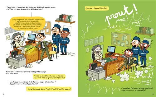 Illustration d'une scène humoristique dans un bureau avec plusieurs personnages, dont un inspecteur et deux agents de police, entourés de documents et d'équipements de bureau. L'image comporte des éléments de texte comique sur un fond vert.