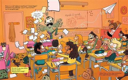 Une salle de classe animée avec des enfants en train de rire et de jouer, un professeur débordant de papier volant dans les airs.