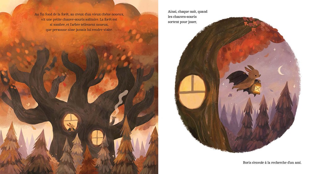Une illustration d'un vieux chêne noueux dans une forêt sombre, où une petite chauve-souris solitaire vit. La scène captures l'automne avec des couleurs chaudes et des arbres en arrière-plan.