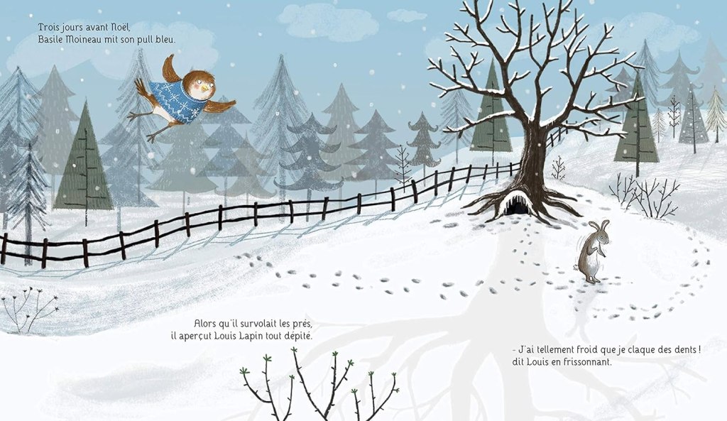 Une illustration hivernale montrant un oiseau en vol avec un pull bleu, survolant un paysage enneigé avec des arbres et un lapin. Un arbre dépouillé est au premier plan, et le lapin semble frigorifié.