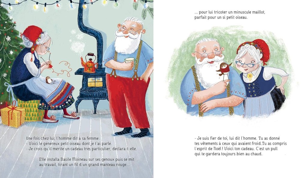 Deux personnages chaleureux, un homme barbu et une femme, se tiennent près d'un poêle dans une pièce festive décorée pour Noël. L'homme tient une tasse et sourit, tandis que la femme tricote, assise sur un tabouret. Un sapin de Noël et des cadeaux sont visibles en arrière-plan.