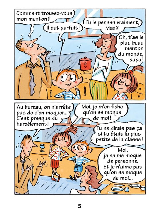 Une scène humoristique d'une bande dessinée montrant une discussion familiale sur l'apparence, avec un père, un enfant et des figures féminines exprimant des opinions sur un menton.