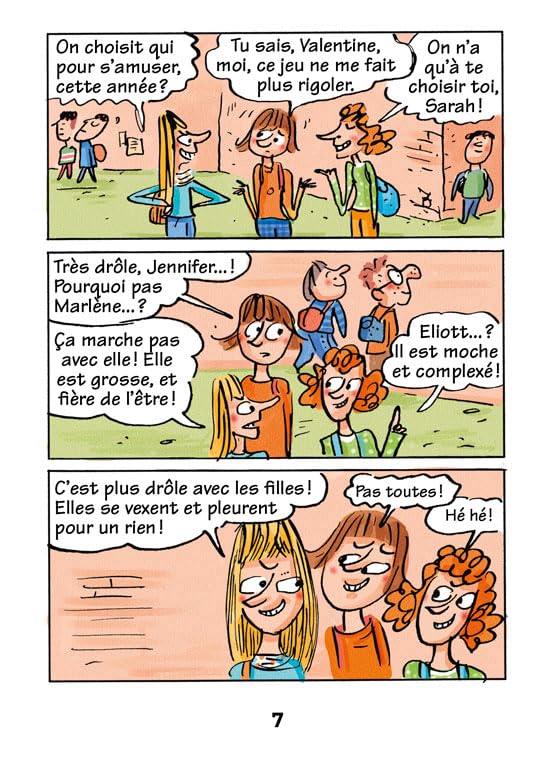 Une bande dessinée montrant un groupe d'adolescentes en discussion sur leurs choix de camarades pour s'amuser, avec des expressions faciales variées et des dialogues humoristiques.