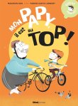 Couverture d'un livre illustré montrant un grand-père et son petit-fils à vélo, avec un fond orange et des oiseaux.