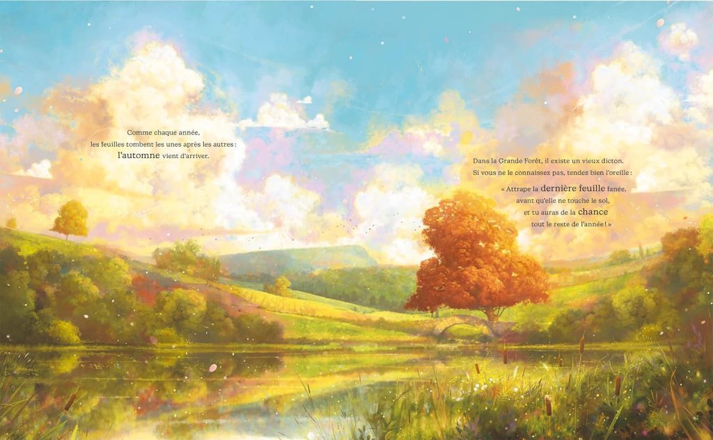 Un paysage vibrant d'automne avec des collines verdoyantes, un arbre orange vif, et un ciel bleu parsemé de nuages. Du texte poétique en français est présenté sur l'image.