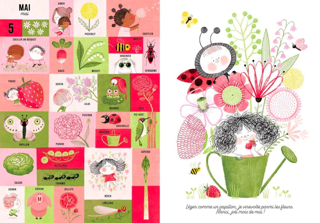 Illustration colorée de mai avec des fleurs, des insectes et des enfants, représentant divers thèmes liés à la nature et à la saison.