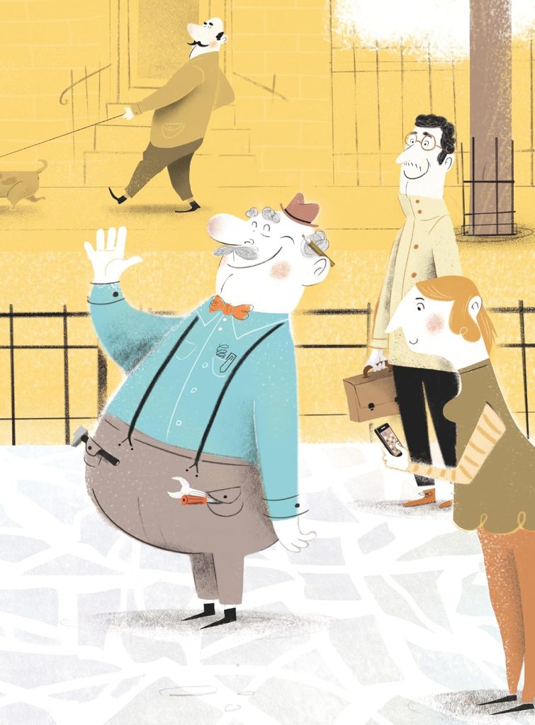 Une illustration colorée représentant un homme souriant, vêtu d'une chemise bleue et d'un nœud papillon orange, saluant un groupe de personnes, dont un homme avec un chien, une femme utilisant son téléphone et un homme pensif.