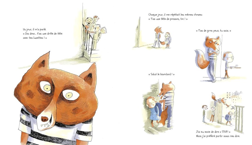 Une illustration d'une bande dessinée montrant un renard anthropomorphe en prison, qui parle à un enfant avec des lunettes, entouré d'autres enfants. Des dialogues humoristiques sont présents sur les interactions entre les personnages.