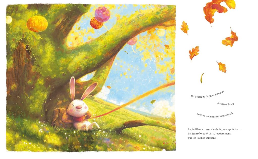 Un lapin assis au pied d'un grand arbre, entouré de feuilles d'automne et de ballons colorés, sous un ciel bleu éclairé par le soleil.