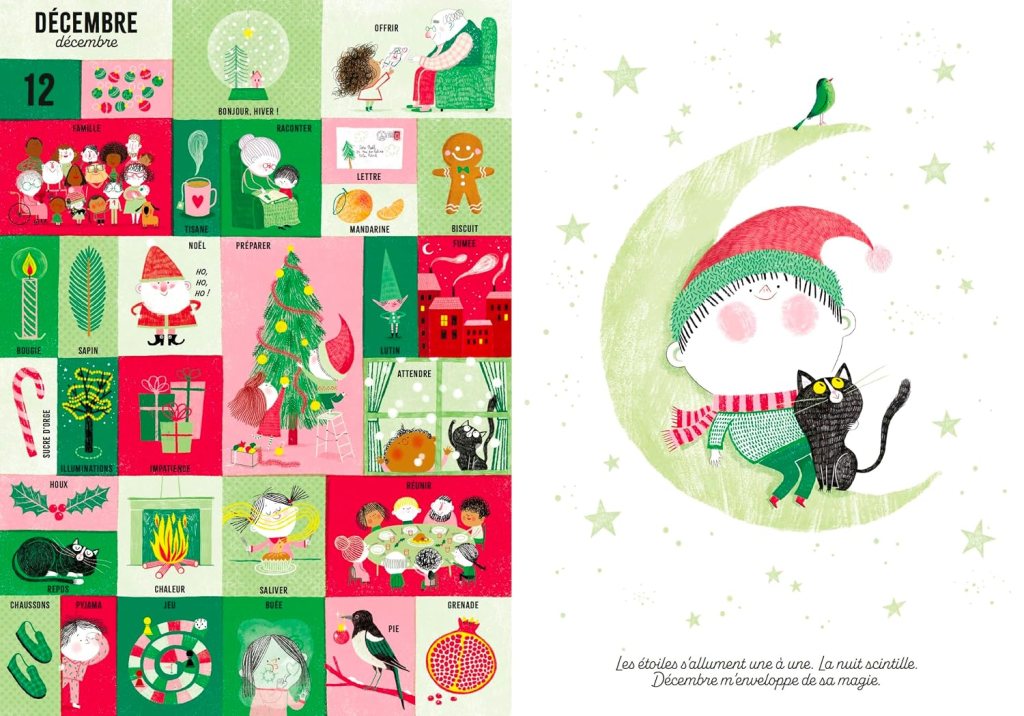 Image d'un calendrier de décembre avec des illustrations festives, incluant un sapin, des personnages, et des activités liées aux fêtes.
