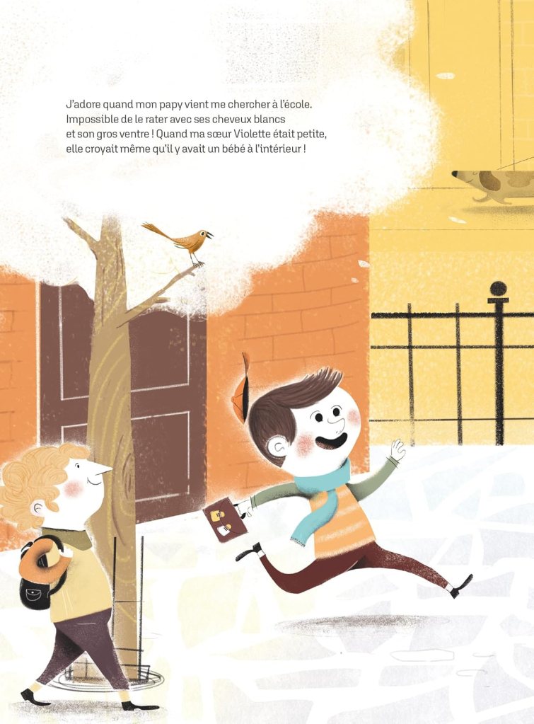 Un garçon courant joyeusement avec un livre à la main, suivi par un ami. Un arbre avec un petit oiseau est visible à côté. En arrière-plan, une maison et un chien.