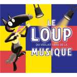 Illustration d'un loup jouant de la guitare sous des projecteurs, avec le texte 'Le loup qui voulait faire de la musique.'