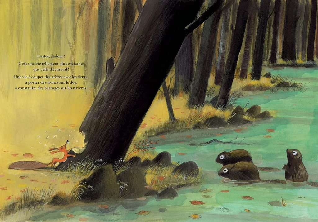 Un castor et un renard interagissent dans une forêt, le renard exprime son admiration pour le mode de vie du castor, tandis que des castors nagent dans une rivière.