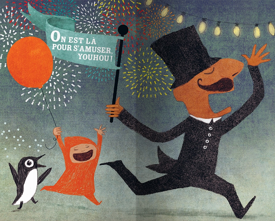 Un personnage joyeux en costume festif porte une pancarte disant 'On est là pour s'amuser, youhou !' tandis qu'un enfant soulevant un ballon orange danse à ses côtés, accompagné d'un pingouin, avec des feux d'artifice en arrière-plan.