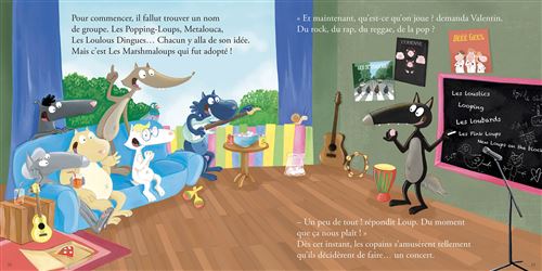 Une scène colorée d'animaux animés se réunissant pour discuter d'un nom de groupe musical, avec un loup en avant-plan et d'autres animaux assis sur un canapé.