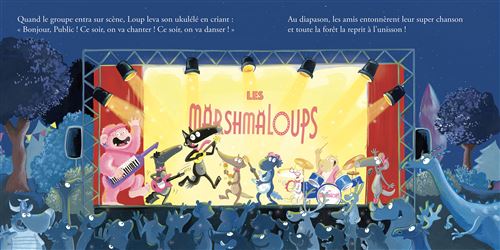 Un groupe de personnages animés, Les Marshmaloups, se produit sur scène devant un public d'animaux. Le loup chante en tenant un micro et le groupe comprend des membres jouant de la guitare, des instruments à clavier et des percussions, avec une ambiance festive.