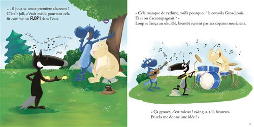 Une illustration d'un livre pour enfants montrant une scène de musique en plein air avec plusieurs personnages animés, dont un loup, un groupe de musiciens, et des arbres en arrière-plan.