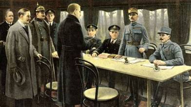 Rencontre historique entre des militaires et des dirigeants lors d'une négociation, avec un long tabouret et des chaises, dans une pièce éclairée par la lumière naturelle.